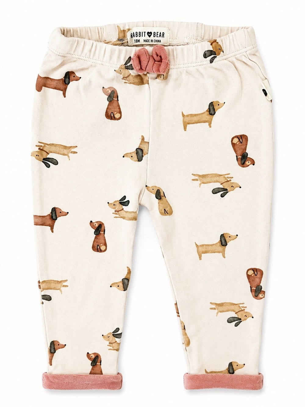 Rabbit + Bear Dachshund Print Baby Leggings - Cream with Brown & Pink Accents